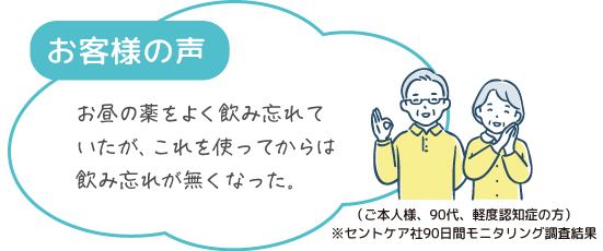 お客様の声：お昼の薬をよく飲み忘れていたが、これを使ってからは飲み忘れが無くなった。（ご本人様、90代、軽度認知症の方）